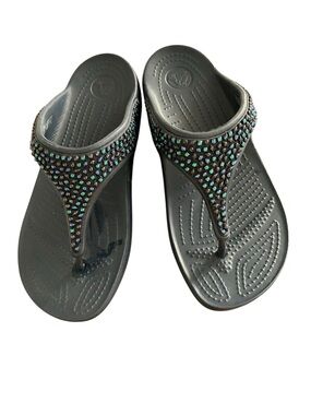 CROCS Black Jeweled Thong Sandals with Iridescent Accents